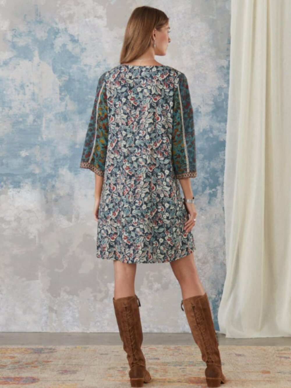 Sundance Boho Mixed Print Patchwork V-Neck Shift Dress Size Small - Picture 2 of 8